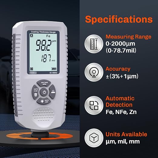 Paint Thickness Gauge for Cars, 0–2000μm Digital Coating Meter for Used Car Inspection, Auto Fe/NFe/Fe+Zn Detection, ±(3%+1μm) Accuracy with AVG/MAX/MIN Statistics