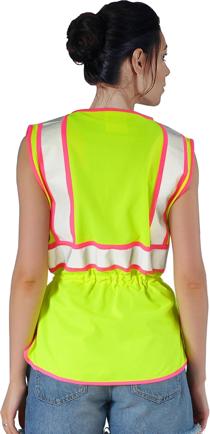 FATONE Women's ANSI Class 2 High-Vis Safety Vest with Reflective Strips, Zipper Pockets & Adjustable Waist - Yellow/Pink Construction Work Vest for Warehouse Personnel, Road Crews XS