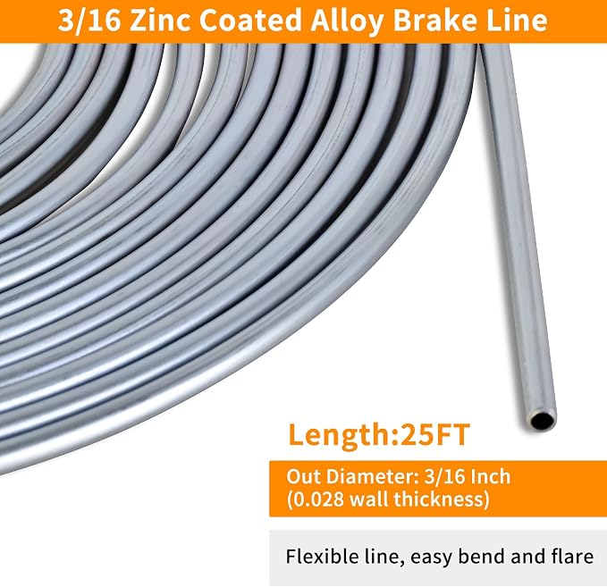 MuHize 25 ft 3/16" Brake Line Repair Kit, Zinc Coated Steel Line with Tube Bender, Double & Single Flaring Tool, Tube Cutter, 16 Fittings & 4 Unions for Cars, Trucks, SUVs