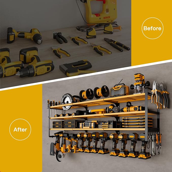 NattyDot 48" Large Power Tools Organizer Wall Mount,12 Drill Holder for Garage, Workshop Heavy Duty Storage Rack (Yellow)