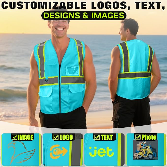 Safety Vest Customize Logo with 5 Pockets & Zipper Reflective High Visibility Vest Class 2 Outdoor Workwear