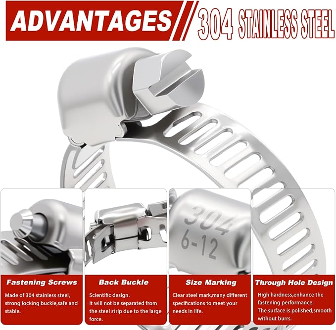 202PCS Hose Clamp Assortment, 1/4”-2”(6-51mm) Adjustable Stainless Steel Worm Gear Clamps for Plumbing, Pipe, Fuel Line, Automotive, Garden and Mechanical Applications
