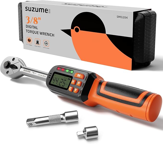3/8 Digital Torque Wrench (2.21-44.25 Ft. Lb/ 3-60 N.m) ±2% Accuracy Digital Torque Wrench 3/8 Drive with Buzzer and LED Flash Notification Peak/Track Mode Electric Torque Wrenches For Moto Bike Car