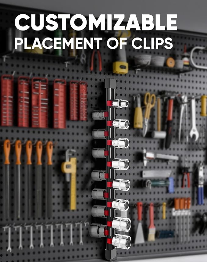 ALOANES 9PC Socket Organizer, Socket Rails Fit 1/2", 1/4" and 3/8" Drive | Heavy Duty ABS Socket Holders Hold up 129 Sockets for Toolbox Drawer Bags(Red)