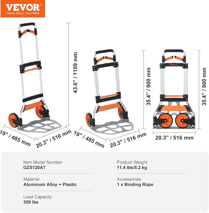 VEVOR Folding Hand Truck and Dolly, 309 Lbs Capacity, Aluminum Foldable Cart, Heavy-Duty Luggage Trolley Cart with Telescoping Handle and PP+TPR Wheels for Home, Office, Shopping, Travel