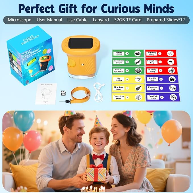 Odatay 4K 1000X Digital Microscope for Kids with Long Distance Viewing & 2.4" Screen, Portable Handheld Edu Toys for Kids Age 3-12 Exploring Bugs Plants at Home Classroom & Outdoor Travel, Yellow