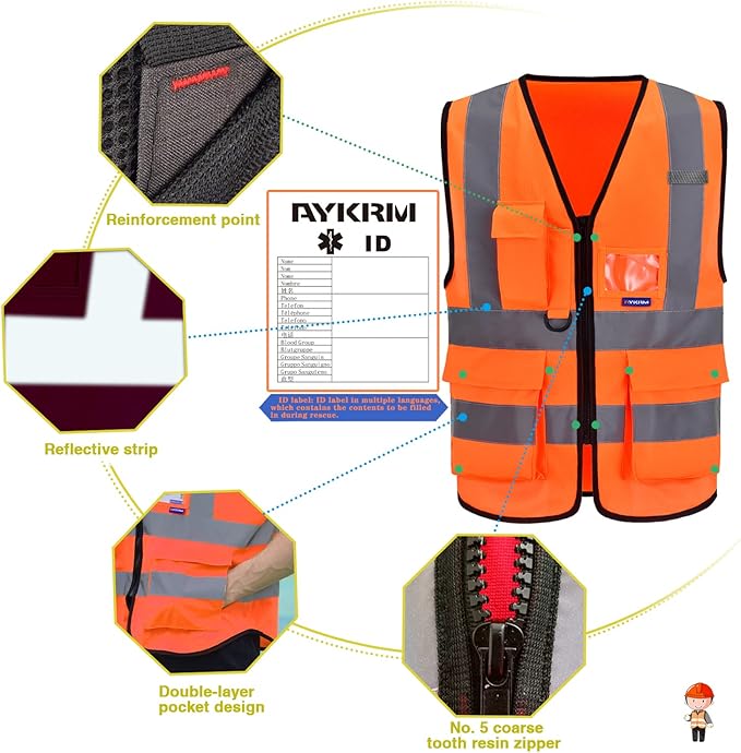 A-SAFETY Orange SMALL Safety VestS | Orange S safety vest with reinforced zipper pockets, clear PVC ID holder and mic tabs for utility work; unisex workwear.