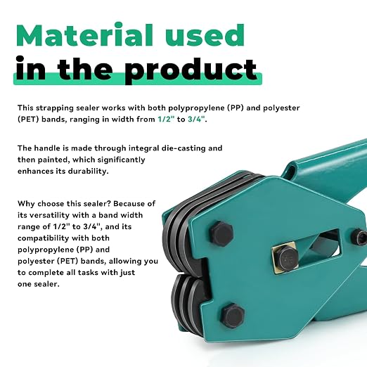 Strapping Sealer/Crimper for 1/2"-3/4" Polypropylene (PP) Polyester Strapping Band Manual Banding Tool with 20.8" Extended Handle (Green)