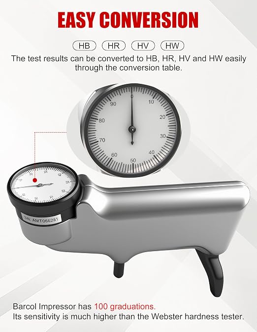 Barcol Hardness Tester Metal Hardness Tester 4-in-1 Dial Hardness Tester with HB HR HV HW Systems Portable Hardness Tester for Aluminum, Aluminum alloys, Copper, Copper alloys (Model HT10)