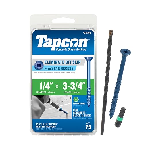 Tapcon 1/4 x 3-3/4 Inch Blue Climaseal® Star Head Concrete Anchors, 75 PCS, Corrosion Resistant Coating, Heavy-Duty Concrete and Masonry Screws, Superior Holding Strength, Drill & T-30 Bit Included