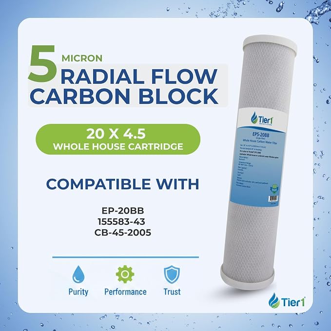 Tier1 5 Micron 20 x 4.5 Water Filter | Radial Flow Granular Activated Carbon Whole House Cartridge | Replacement for Pentek EP-20BB, 155583-43, CB-45-2005 | 4.5 x 20 Water Filter (6-Pack)