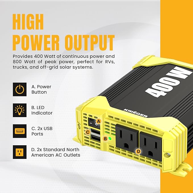 K KRIËGER 400 Watt 12V DC to 110V AC Car Power Inverter 2 Outlets, USB Ports, Cigarette Lighter Plug & Clamps for Vehicles, Road Trip Essentials Accessories- ETL Certified to UL & CSA Standard