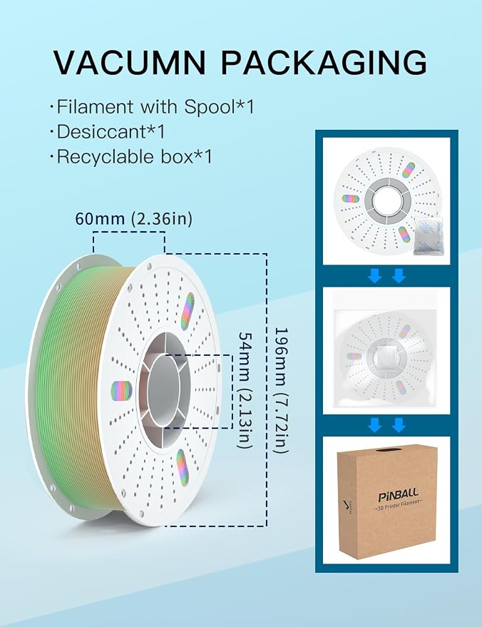 PINBALL Matte Rainbow PLA 3D Printer Filament 1.75mm, Multicolor Fast Color Changing 3D Printing Filament, PLA Filament Dimensional Accuracy +/- 0.02mm, 1 KG (2.2lbs)
