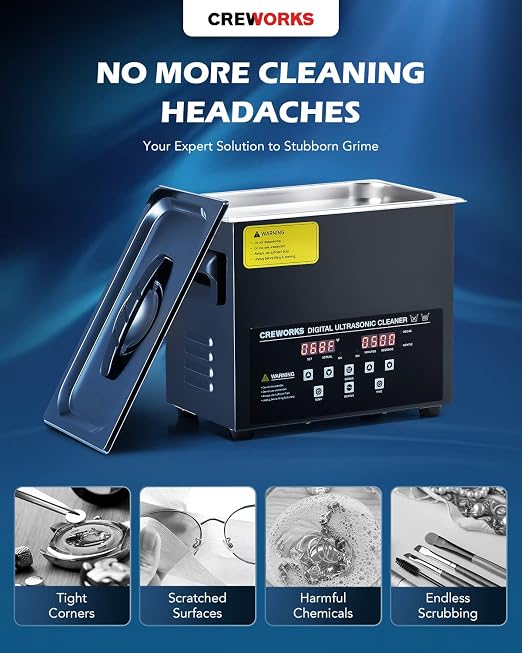 CREWORKS 3L Ultrasonic Cleaner with Degas Mode & 17 fl oz Jewelry Cleaner Solution 1:40 Dilution