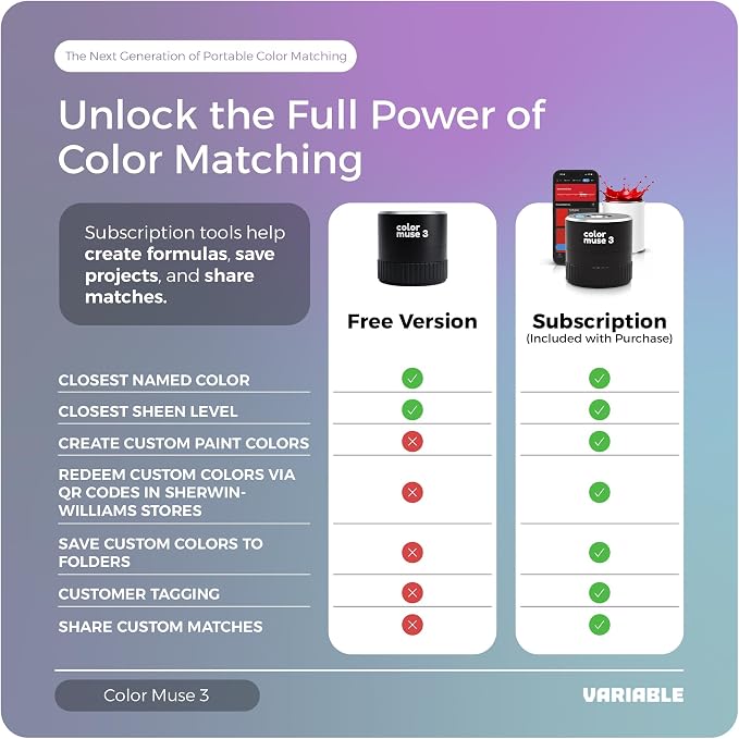 COLOR MUSE 3 with 1-Year App Subscription – Portable Paint Color Matching Device, Wireless Colorimeter Sensor for Accurate Hue & Sheen Matches – Mobile App Integration