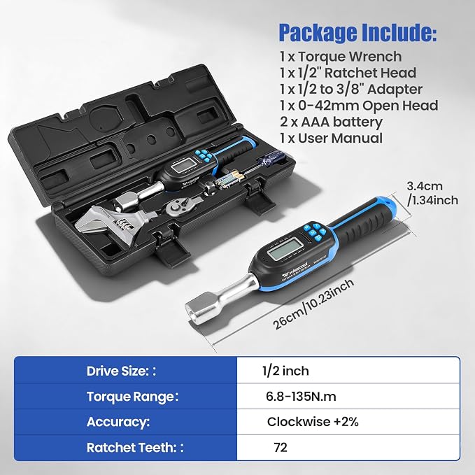 Wisscool Digital Torque Wrench, 5-99.6 ft.lb/6.8-135 N.m, HVAC Torque Wrench with 42mm Jaw, 1/2 Drive Ratchet 3/8 Adapter ±2% Accuracy, Vibration Buzzer and LED Indicator for Split AC Moto Car