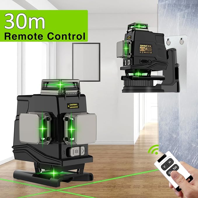 Laser level, Zokoun 360 self-leveling Laser Level 4D 16 lines green Laser Level with horizontal and vertical lines construction picture hanging, with magnetic bracket and 5000mAh lithium-ion battery