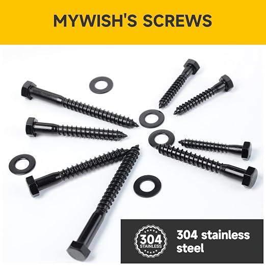 Mywish (25Sets) 1/2" x 5" Lag Bolts, 304 Stainless Steel 1/2 inch Lag Screws Bolts for Wood, Heavy Duty Hex Head with Flat Washers Bolt Kit, Black Oxided