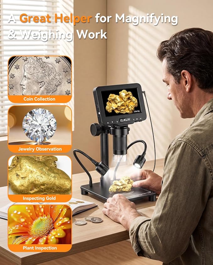 Elikliv Microscope with Weighing Scale, Digital Magnifier for Error Coins, Jewelry Magnifying Glass with Lights, 4.3" LCD Screen 12MP Camera 1080P Video USB PC View for Adults Collectors Supplies