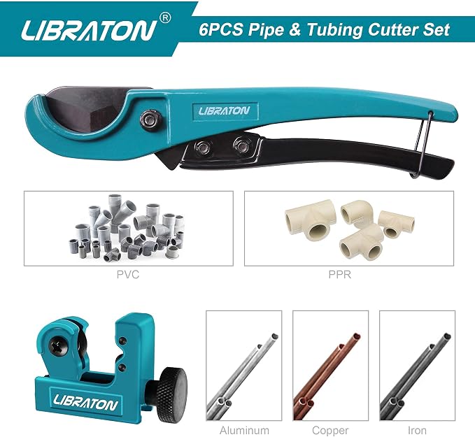 Libraton PVC Cutter 1-5/8"，PVC Pipe Cutter, Pex Cutter 1-1/4", Mini Tube Cutter 1/8" to 7/8", with Replacement Blade, PTFE Sealing Tapes