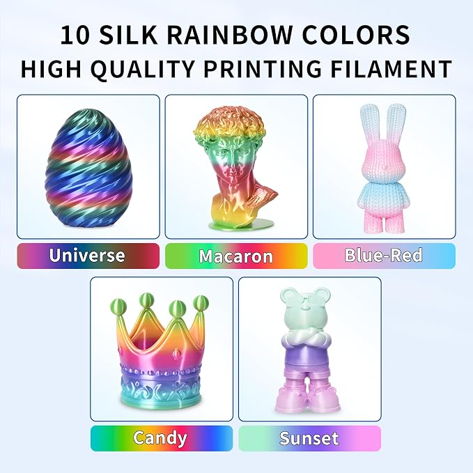 RAMBERY Silk Rainbow PLA 3D Printer Filament Bundle, 10 Colors Total 10kg, 1.75mm Multicolor Gradient 3D Printing Filament for Most FDM 3D Printers, 1KG Spool (2.2lbs) x 10 PCS