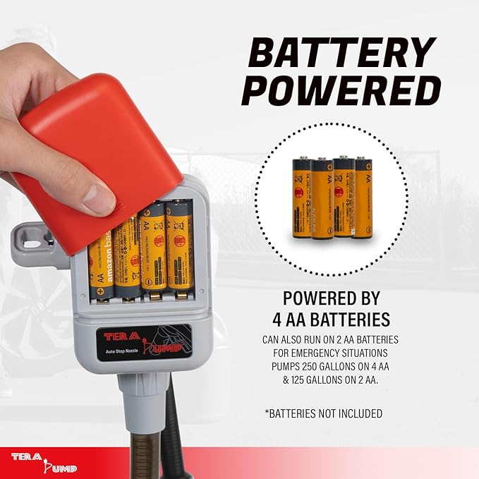 TERA PUMP TRFA03-XL Universal Gas Can Adapter Cap Battery Powered Pump | 2.3 GPM, No Spill Sensor, 4.27 ft Vinyl Hose, Utility Jug Adapter & Power Nozzle, 4x AA Power
