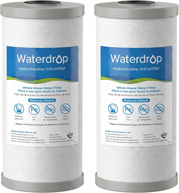 Waterdrop WF10F Whole House Water Filter, Compatible with WHF21-FG, Any 10" x 4.5" System, Reduces Iron and Manganese, 5 Micron, 2 Pack