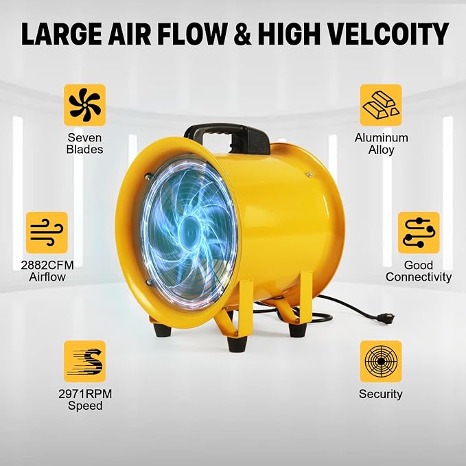 12 Inch Utility Blower Fan with 16 Ft Flexible Duct Hose, 2882 CFM High Velocity Industrial Ventilation Exhaust Fan, Portable Axial Ventilator with Ball Bearing Motor for Workshop, Basement, Job Site.