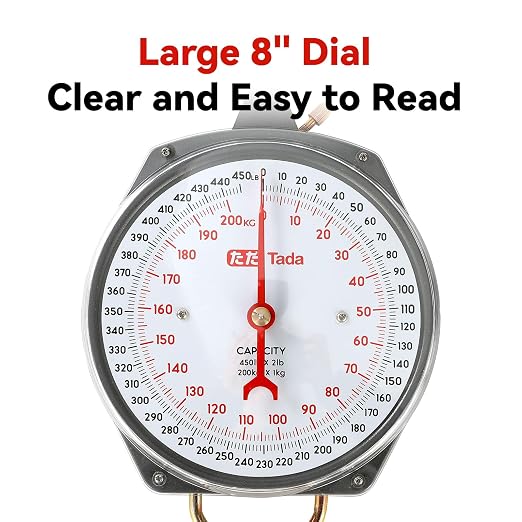 Tada Game Scale 450lb Mechanical Hanging Scale with 8 Inch Dial, Heavy-Duty Design for Kitchen, Fishing, Outdoor Use, and Farms