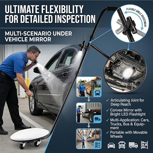 Under Vehicle Inspection Mirror with Light, Under Car Mirror 12 Inch Adjustable Angle Telescoping Handle Magnifying Vehicle Security Tool, Portable Convex Search Mirror with Carry Bag