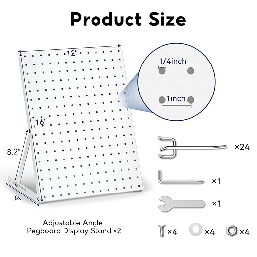 2 Pack Pegboard Display Stand, Sturdy Anti-tip Design,Small Peg Board Tabletop with 24 Hooks, Adjustable Metal Peg Board for Vendor Display, Craft Show, Jewelry Display 16''X12'' – White