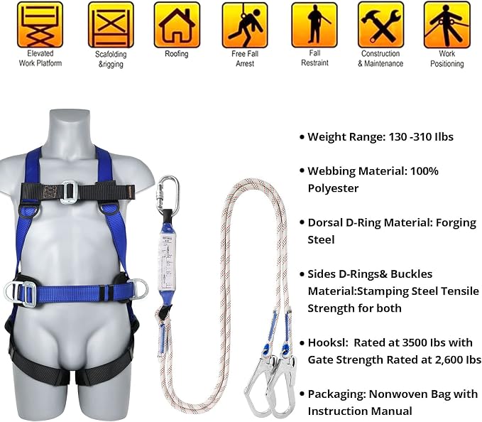 TT TRSMIMA Safety Harness Fall Protection Kit - Full Body Roofing harnesses with Shock Absorbing Lanyard Upgrade Paded