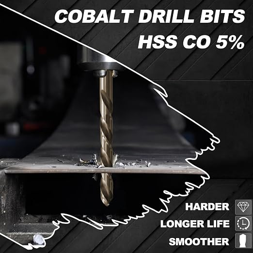 1/2 inch Cobalt Drill Bit for Metal and Hard Steel(2pcs),M35 High Speed Steel Twist Jobber Metal Drill Bits,with Index Storage Case
