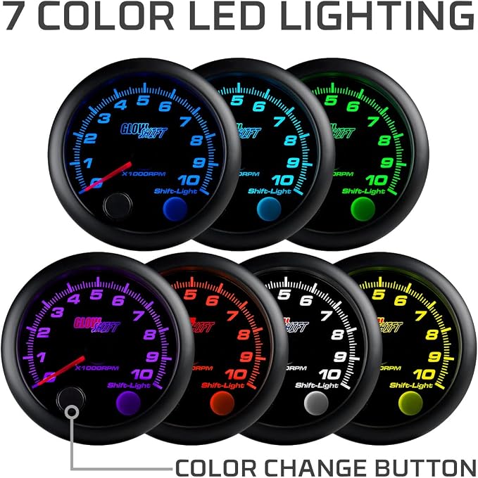 GlowShift Tinted 7 Color 10,000 RPM On-Dash Tachometer Gauge - for 1-10 Cylinder Gas Powered Engines - Includes Shift Light & Wiring - Multi-Color Display - Black Dial - Smoked Lens - 3-3/4" 95mm