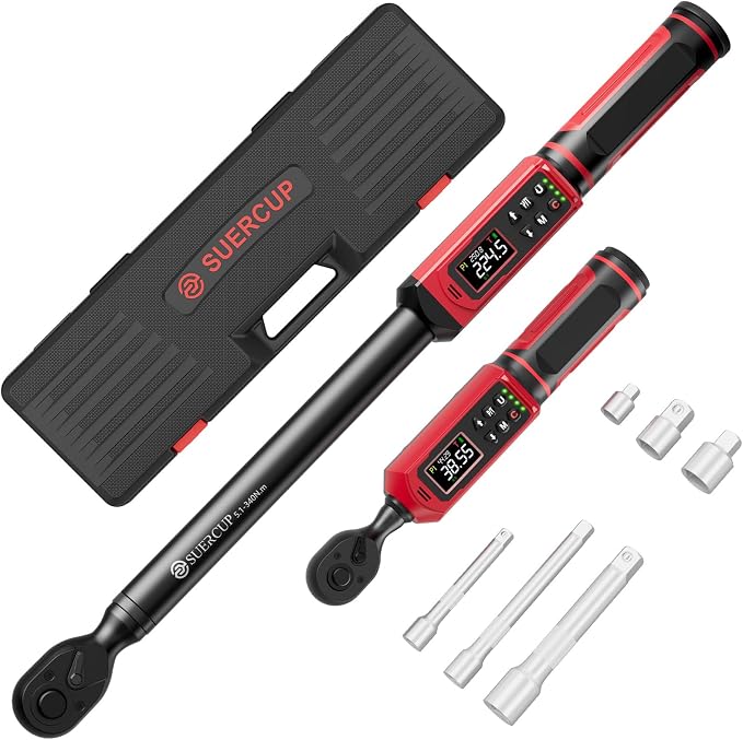 SUERCUP 3/8" 1/2" Digital Torque Wrench, 0.66-44.29Ft.Lb & 3.8-250.8Ft.Lb | ±1% Accuracy, 0.9-60N.m & 5.1-340Nm Electric Torque Wrench Set, for Auto Repair, Lug Nuts, Engine, Suspension, Moto & Bicycle