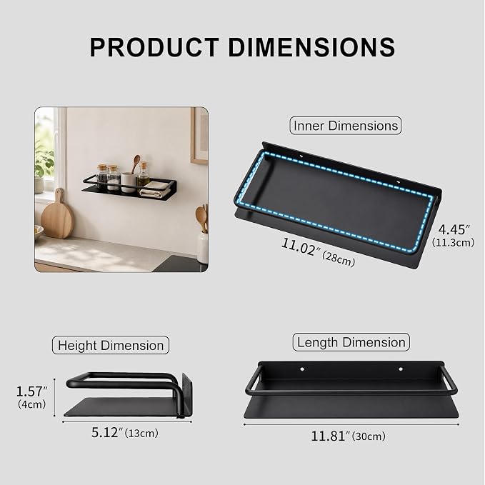RFOUO 12 Inch Small Metal Wall Shelf with Guard Rail,Black,1 Pack | Small Bathroom Shelf, Wall Mounted, Aluminum Floating Shelf, For Toothbrush Perfume Spice,Bathroom Bedroom Kitchen