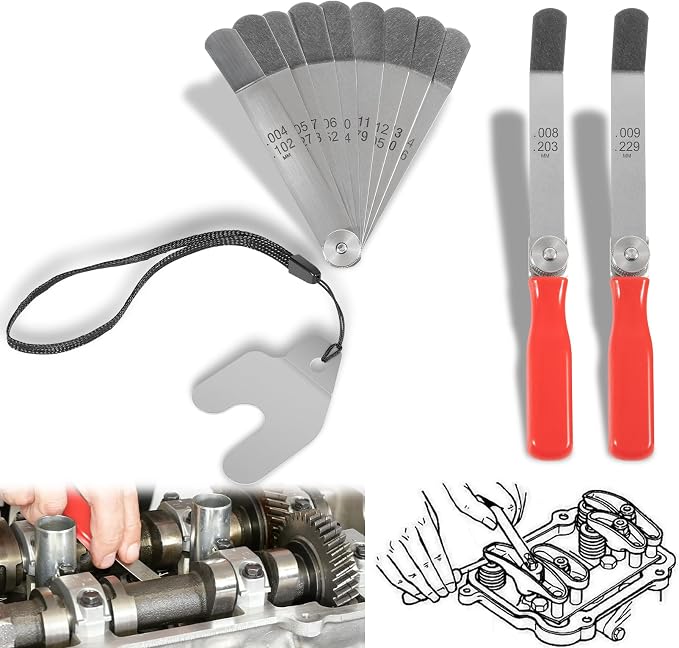 2124332 Engine Brake Feeler Gauge Tool & A308 Offset Valve Tappet Gauge Set with Two Handles (0.004" to 0.014", 0.028")
