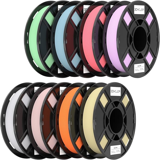 3DHoJor Matte PLA 3D Printer Filament Bundle, Multicolor Filament 1.75mm, Vacuum Packed, 0.25kg*8 Pack, 2kg Total, Milky White+Pink+Tangerine+Yellow+Green+Light Blue+Strawberry red+Lilac