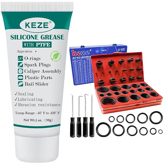 KEZE 826 Pcs Universal SAE and Metric O-Rings Kit and Silicone Lubricant Grease with PTFE for Automotive O Rings Sliding Door Track Lubricating 1 oz 1-Tube