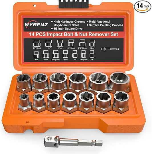 14 PCS Bolt Extractor Set, 3/8" Drive Impact Bolt & Lug Nut Remover Socket Tool Kit, Stripped Bolt Extractor Socket Set For Broken,Damaged, Frozen, Studs, Rusted, Rounded-Off Bolts, Nuts & Screws