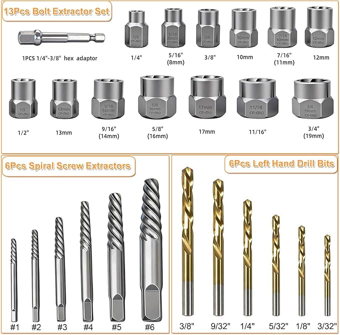 26PCS Screw Bolt Extractor and Left Hand Drill Bits Set, Easy Out Screw Extractor Set,Broken Bolt Extractor Kit, Stripped Bolt Extractor Socket Set for Remove Damaged Screws, Bolts, Studs and Nuts