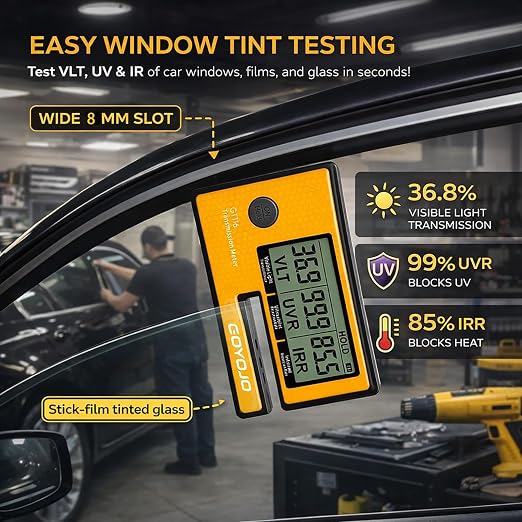 Labs Tint Meter Works on Side Windows, Digital Tint Solar Film Car Transmission Meter with Automatic Calibration, 3-in-1 Solar Film Meter VL UV IR Detection, for Automotive Window Tint Shop Stay Legal