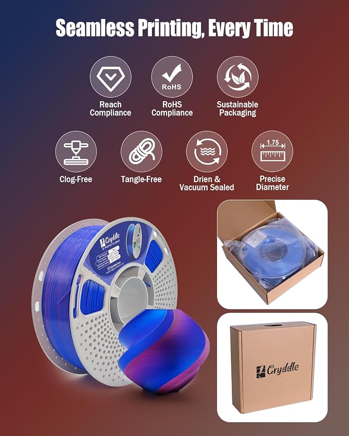 Silk Dual Color PLA 3D Printer Filament, 1.75mm 1KG (2.2lbs), Shiny Gloss Finish, Easy Printing, Dimensional Accuracy ±0.02mm(Red & Blue)