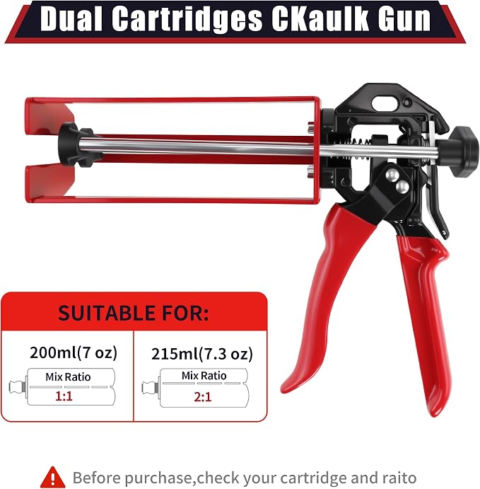200ml Dual Cartridge Epoxy Gun All Metal Heavy Duty Epoxy Applicator for 1:1 & 2:1 Mix Ratio Professional Panel Bonding Caulking Gun for Auto Body Repair Structural Adhesive & Construction Red