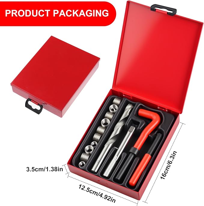 Helicoil Metric Thread Repair Insert Kit，M12x1.5mm Rethreading | Thread Repair kit with HSS Drill Bits, Rethreading Inserts Tool Set for Damaged Thread Repairing with Carry Case