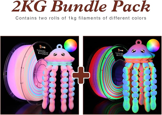 LOVOON Glow in The Dark Filament Multicolor，3D Printer Filament Bundle, PLA Filament 1.75mm, Dimensional Accuracy +/- 0.02 mm，for Halloween and Christmas Decorations, Glow Rainbow, 1KG X 2 Spools