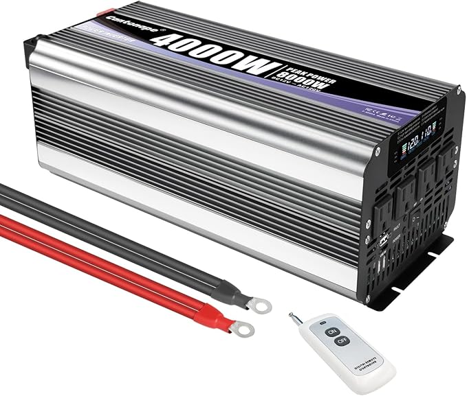 Cantonape 4000 Watt Power Inverter, Car Inverter 12V DC to 110V/120V AC Converter with LCD Display, 4 AC Outlets, USB Port & Remote Controller for RV, Truck, Off-Grid Solar System