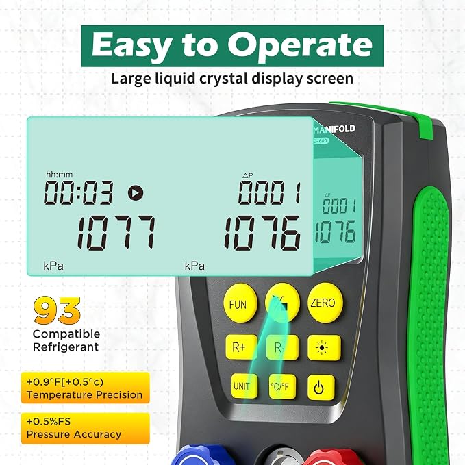 BELEY Digital Manifold HVAC Gauge Set,93 Refrigerants Dual Pressure&Temp Test with Temperature Clips and Hoses Vacuum AC Gauges for R1234YF R134A R404A R410A R32 R744（CO₂）
