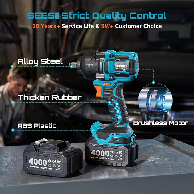 Seesii Impact Wrench 886 FT-LBS(1200N.m) 2900IPM 1/2 Impact Gun High Torque Electric Impact Driver Cordless Impact Wrench with 21V 4.0Ah Battery 5 Socket&Case for Home Car Tire Lug Nut Removal Tool