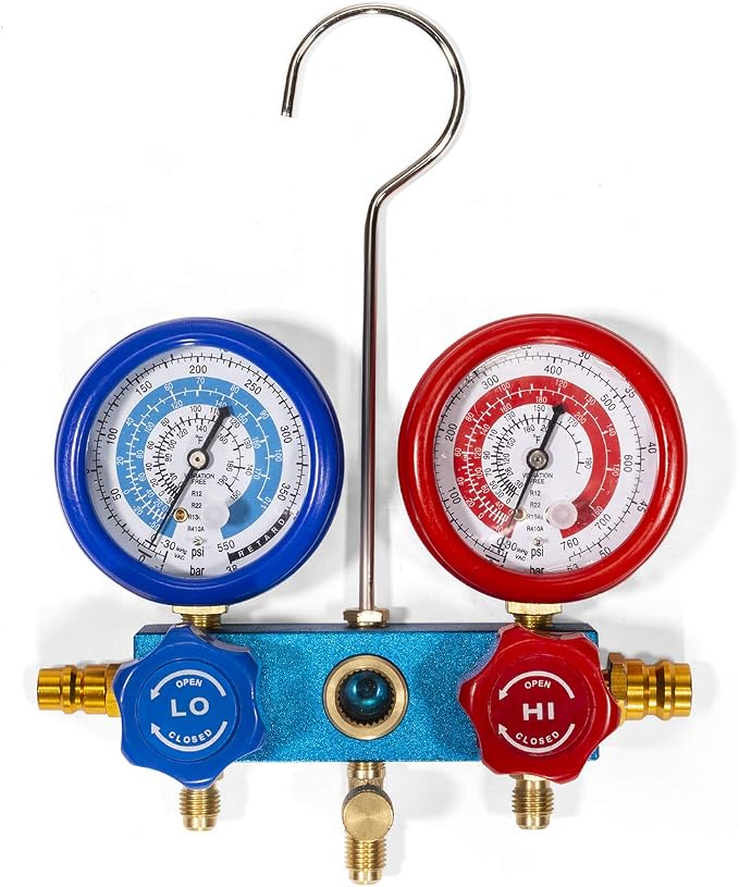 XtremepowerUS 4CFM Vacuum Pump R134a R22 R32 R410A A/C Manifold Gauge Can Tap Manifold Gauge with Leak Detector Carry Bag for HVAC Air Conditioning Refrigeration Recharging